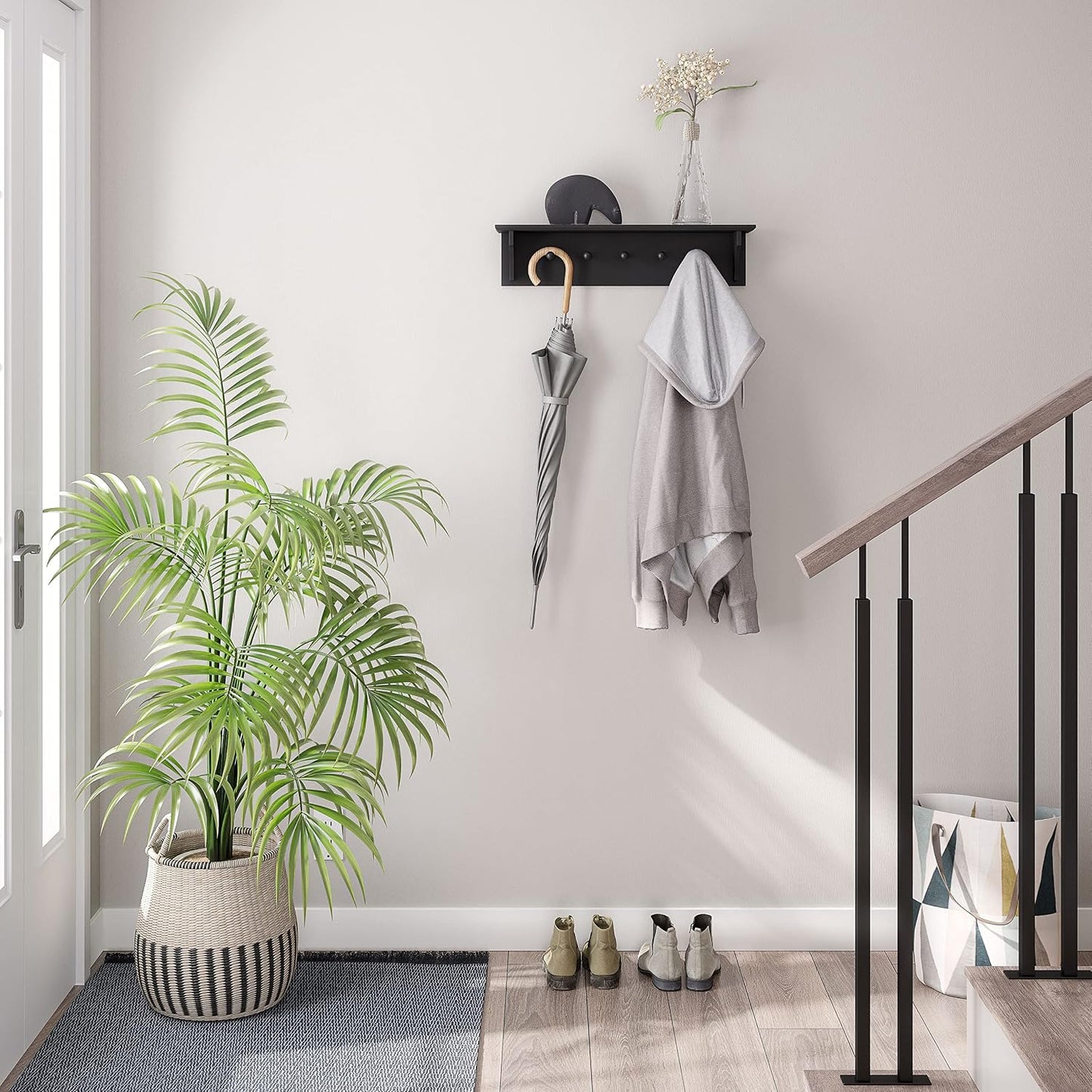 Ballucci Floating Coat and Hat Wall Shelf Rack, 5 Pegs Hook, 24", Black
