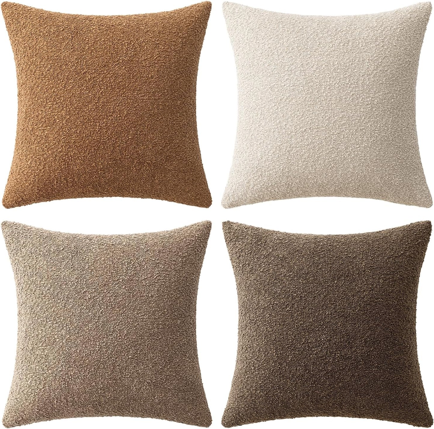 Decorative Textured Boucle Throw Pillow Covers Accent Solid / 18 x 18 / Neutral Brown / Set of 4