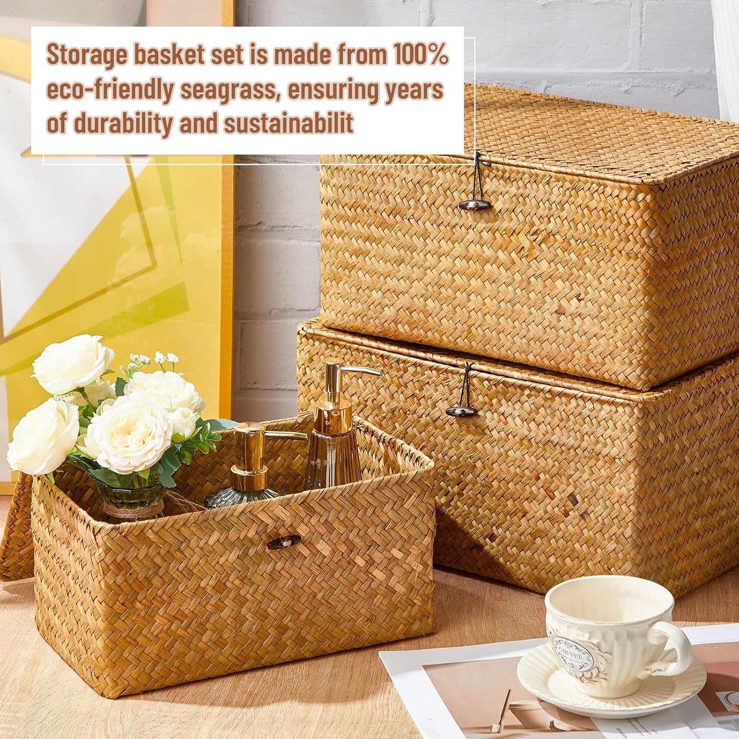 Seagrass Basket / Lids Bin Woven Organizer / Yellow Brown / Classic Style / Set of 6