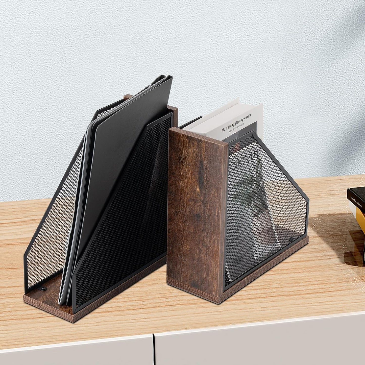 Antique Wooden Magazine Holder,Mesh File Holder for Desk, Office Desk Accessories Decorative File Box (2 Pack Black)