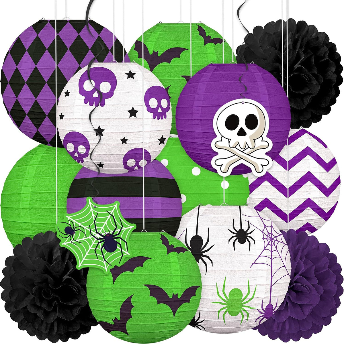 Renbuzhu 15PCS Halloween Decorations Paper Lanterns Green Purple Set
