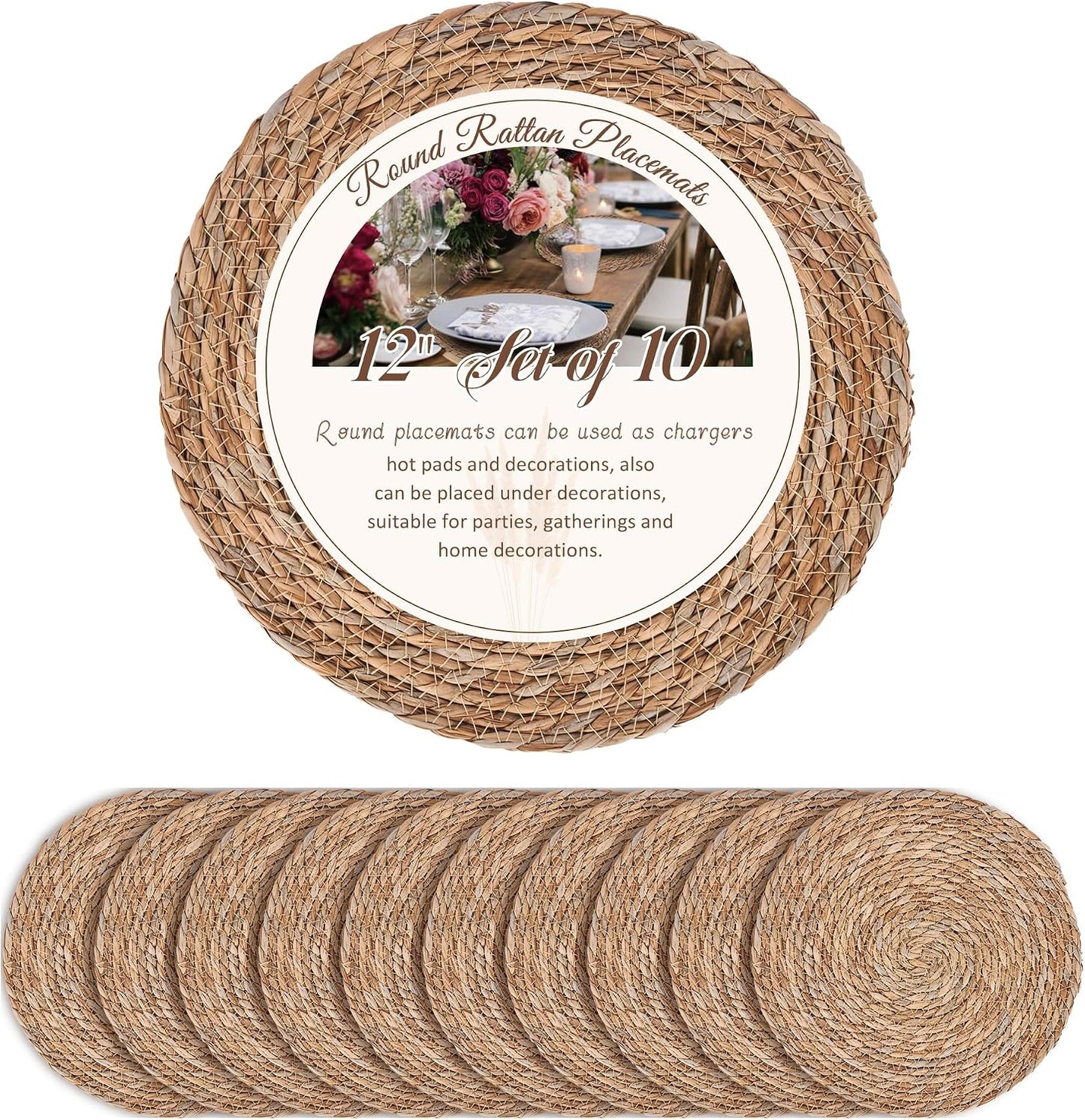 Defined Deco Woven Placemats Set of 10,12" Round Rattan Placemats,Natural Hand-Woven Water Hyacinth Placemats,Farmhouse