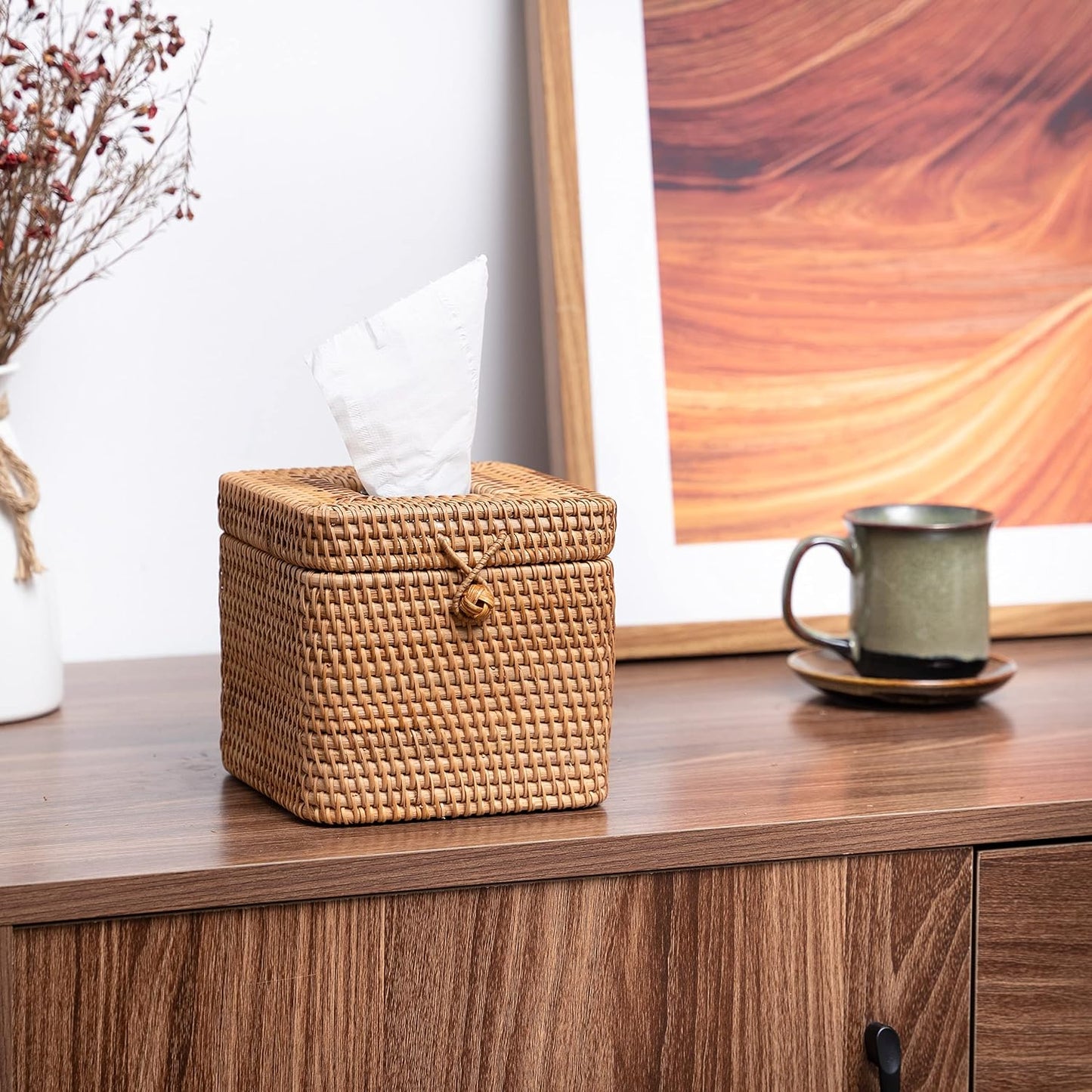 Rattan Square Tissue Box Cover- "-Decorative Woven Facial Tissue Holder / Yellow / 5.7 x 5.7 x 5