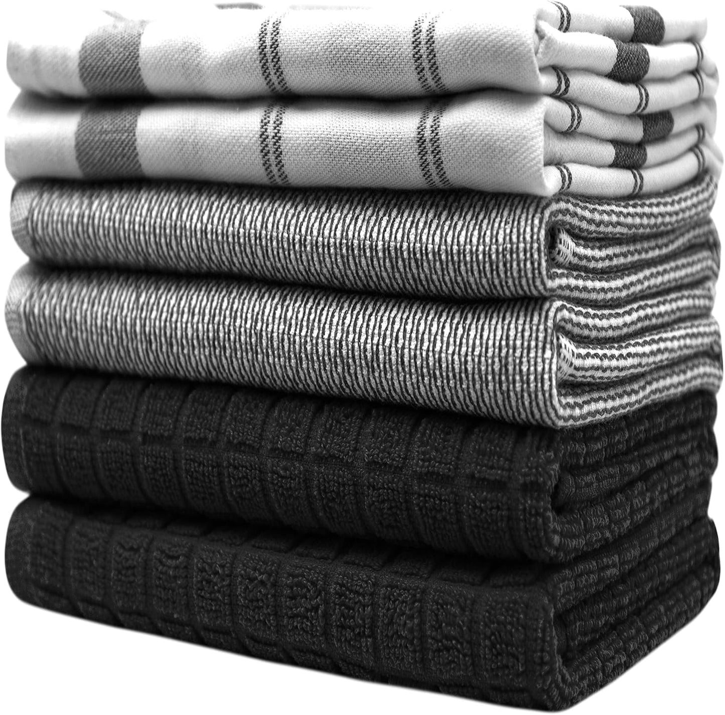 Premium Kitchen Towels 6 Pack 100% Cotton 20"x28" Dish Towels Black Check | Large Flat & Terry Kitchen Linen Set with