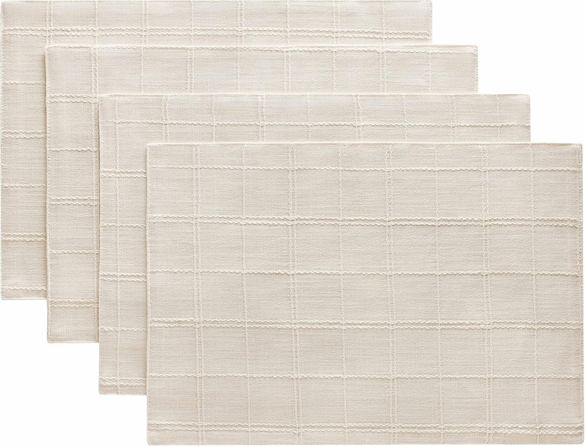 Linen Checked Farmhouse Placemats Set of 4, Ivory 13x19in | Double Layer, Reversible, Thick Textured Table Mats, Raised