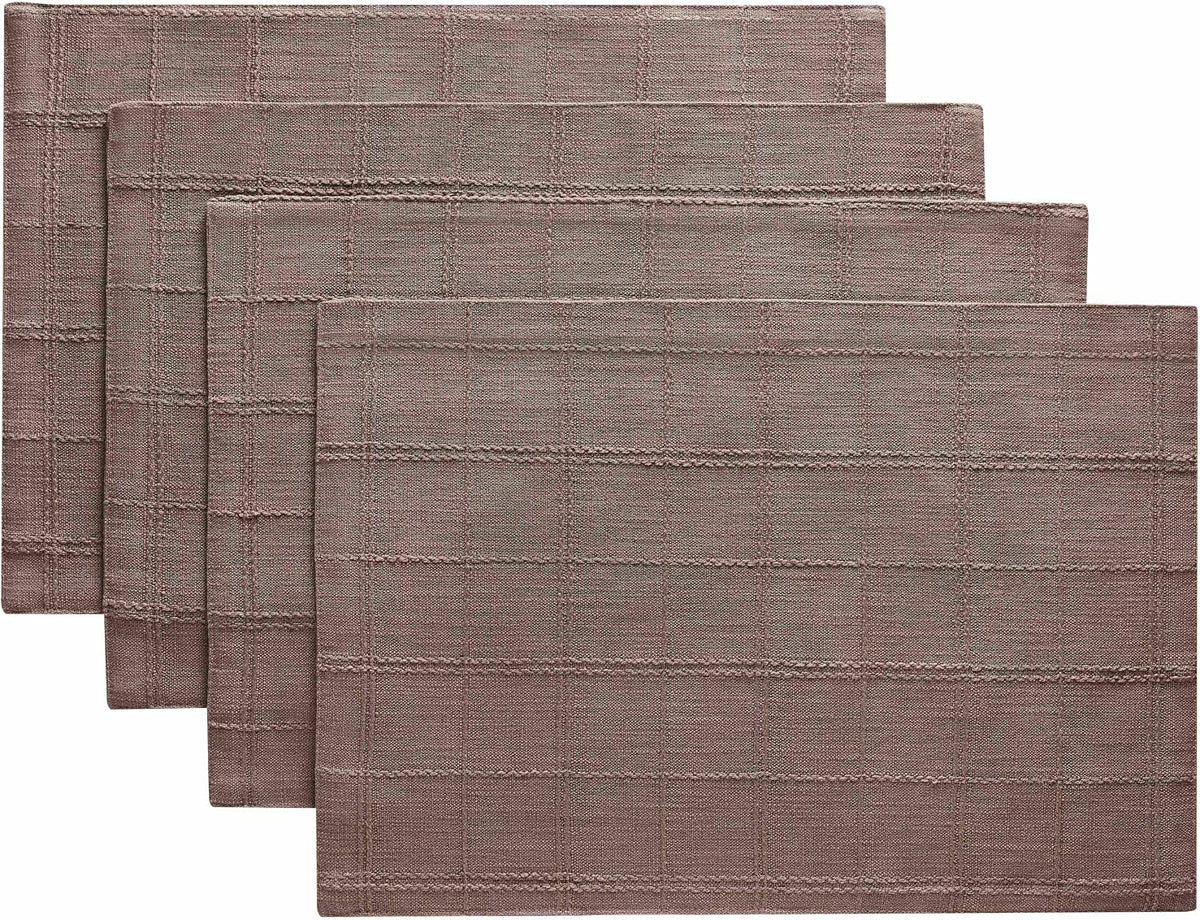 Linen Checked Farmhouse Placemats Set of 4, Cocoa Brown 13x19in | Double Layer, Reversible, Thick Textured Table Mats