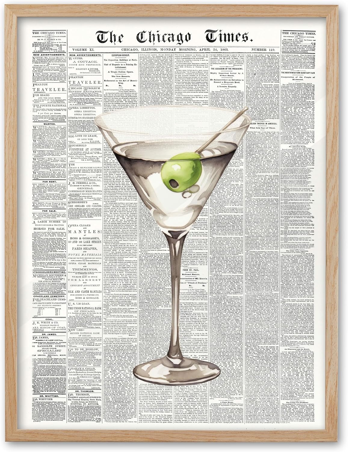EcoHest 12x16 in Martini Newspaper Framed Wall Art for Bar Cart