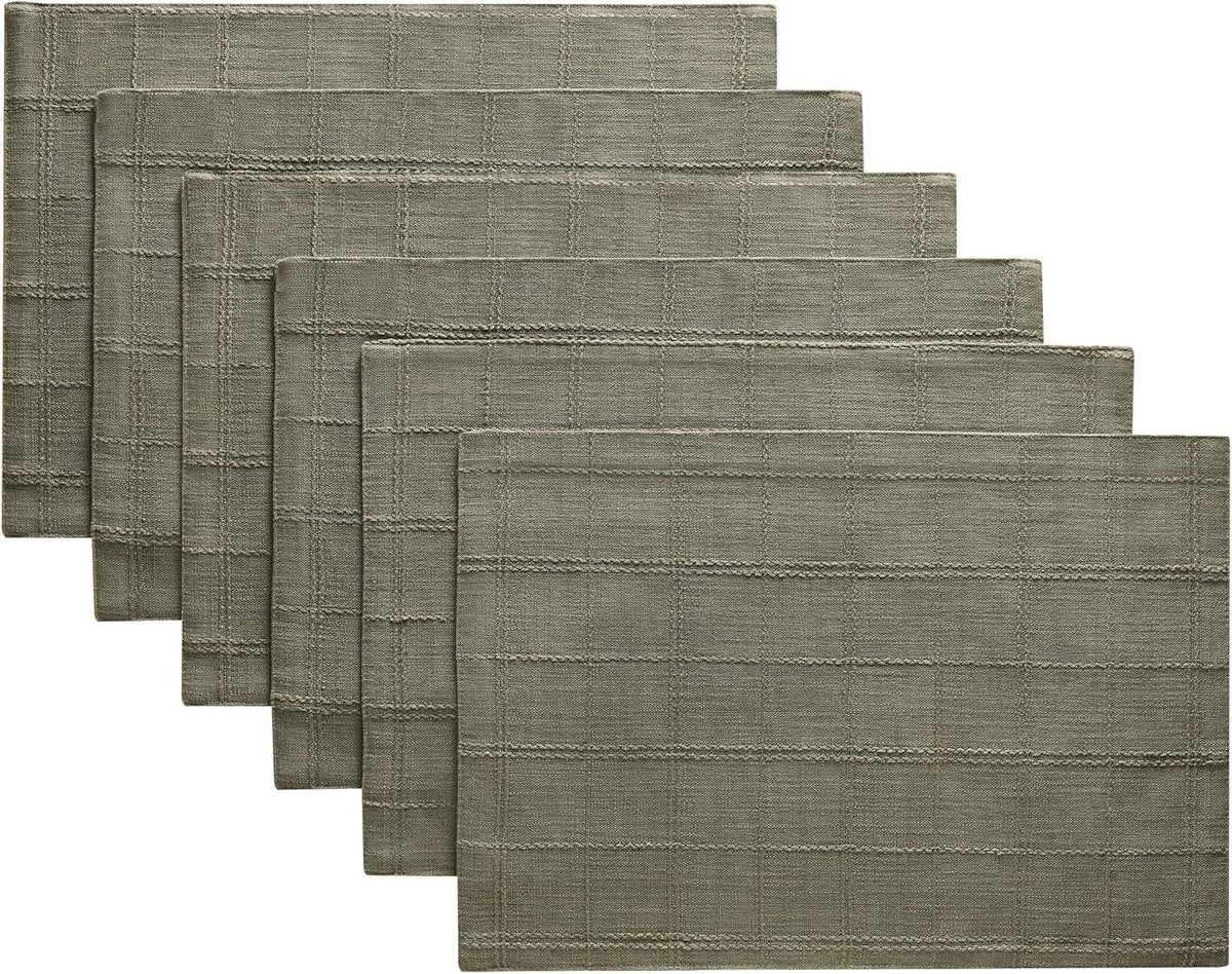 Linen Checked Farmhouse Placemats Set of 6, Olive 13x19in | Double Layer, Reversible, Thick Textured Table Mats, Raised