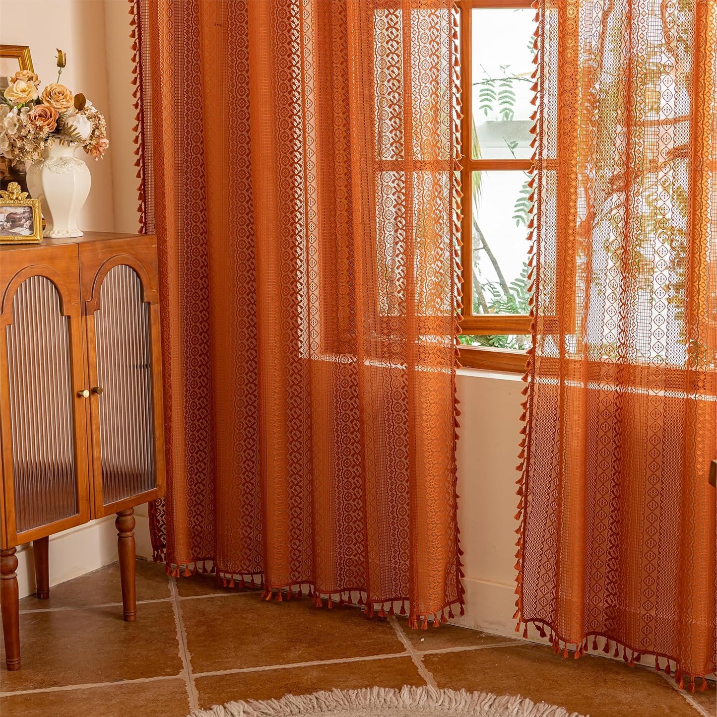 Boho Lace Curtains 2 Panels Long / Terracotta / 50"W x 84"L / Orange / 84 Inch
