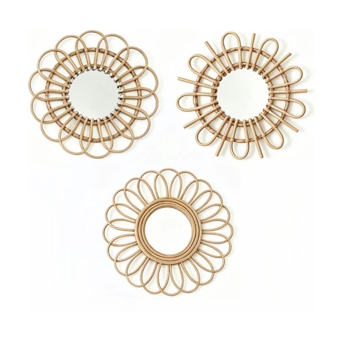 11" Rattan Innovative Art Decoration Round Makeup Mirror Dressing Bedroom / Style-2 / Set of 3