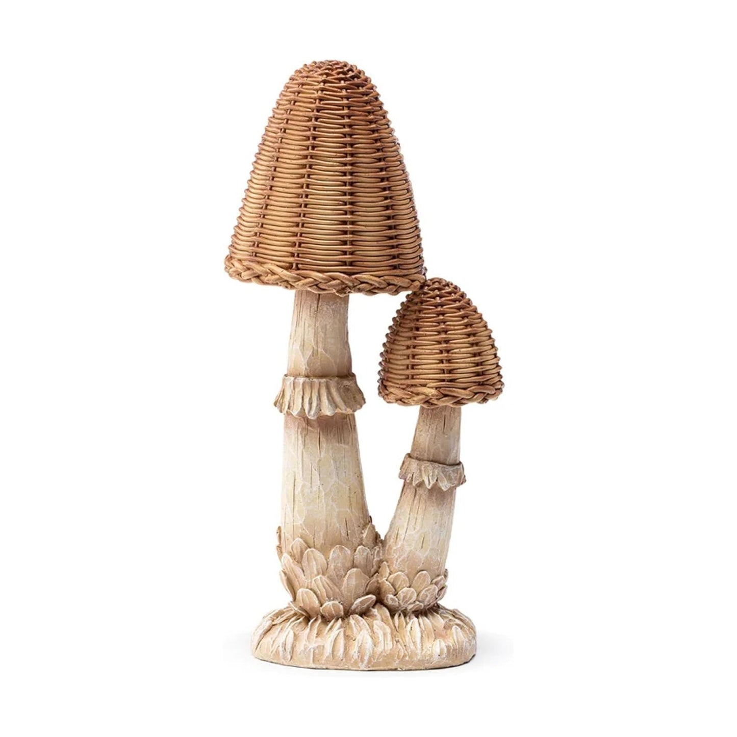 Napco Woven Wicker Mushroom Woodland Tan and Resin Stone / Double Cap / Brown / 12 x 5.5 x 4.5