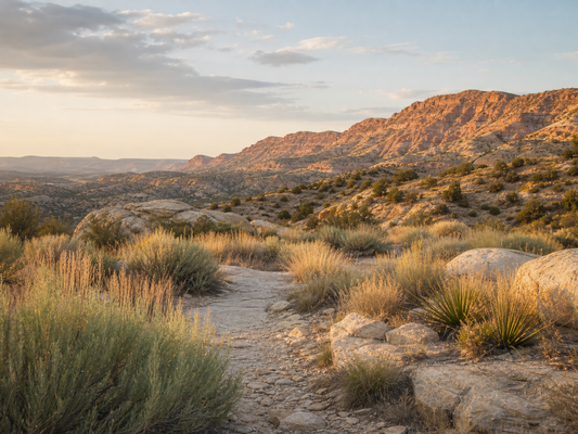 Desert hills with muted sage shrubs, pale stone, dry grass, and terracotta ridges in warm light