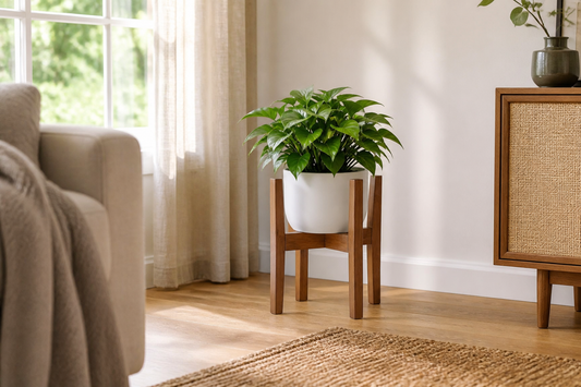 Warm brown bamboo plant stand holding one white planter in a bright living room corner