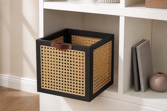 Black pine and natural cane storage cube pulled partly from a white shelf to show top and side clearance