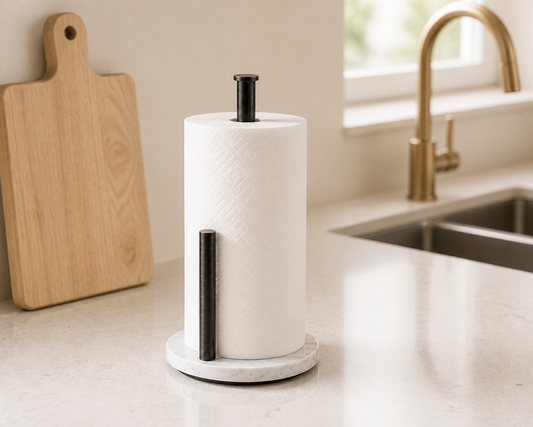 Oil-rubbed bronze paper towel holder with a white round base placed on a dry ivory counter away from a blurred sink