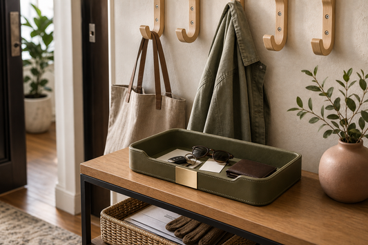 Small apartment entryway with natural wood wall hooks, a khaki green valet tray, and a woven storage tray on a console table