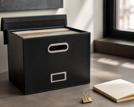 Black file organizer box on a compact home office desk with a blank memo pad and brass clip nearby