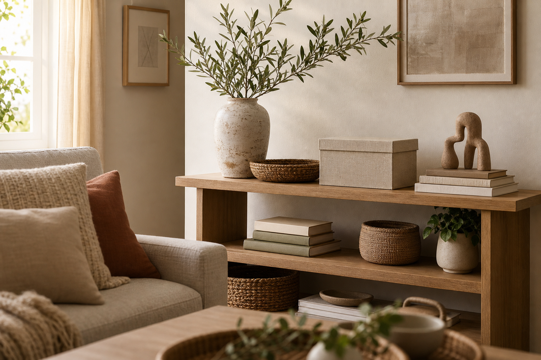 Warm console shelf with a ceramic vase, woven tray, storage box, and neutral decor details