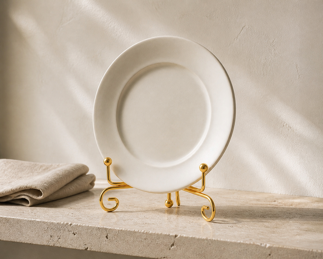 Small gold wire plate stand holding one matte off-white plate on a pale limestone shelf