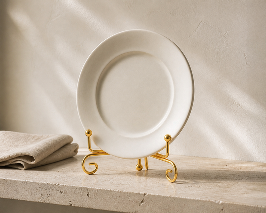 Small gold wire plate stand holding one matte off-white plate on a pale limestone shelf