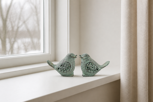 Two small distressed green bird figurines facing each other on a white windowsill beside an open linen curtain