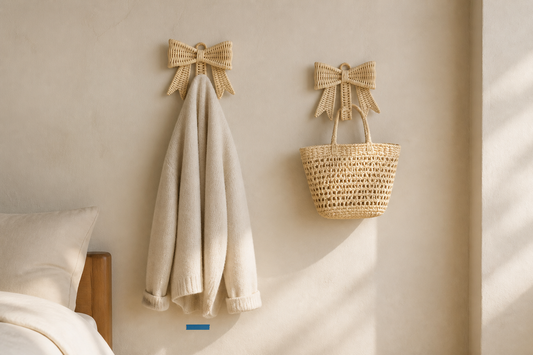 Two pale rattan bow wall hooks holding a light cardigan and woven tote above a painter's-tape height mark