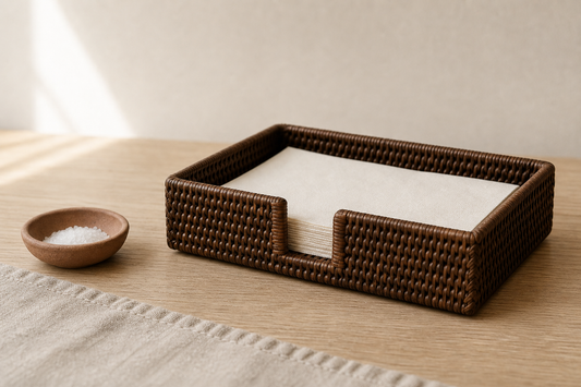 Dark brown rattan napkin holder on a pale oak table with folded ivory napkins