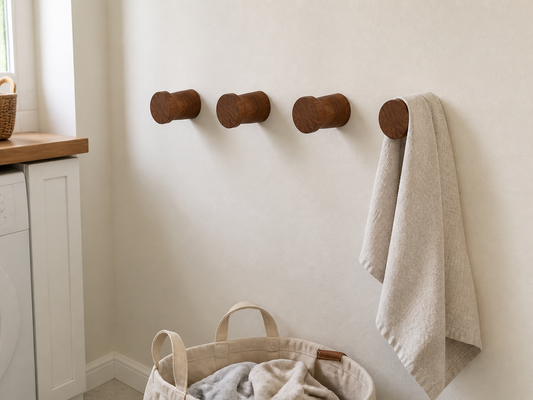 Four walnut cylindrical wall pegs on a cream laundry wall with a towel and canvas tote below