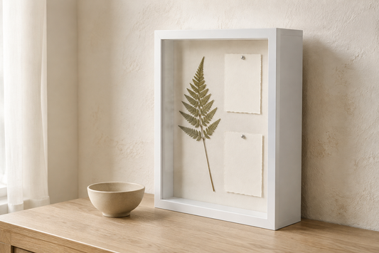 Side-angle editorial view of one white deep shadow box on a warm neutral wall