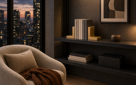 Urban reading corner with gold concrete bookends visible on a charcoal shelf beside a chair and city window