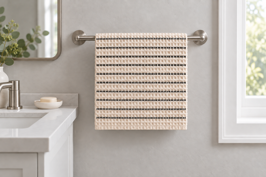 One hand towel in use, with its lower edge clear of the counter.