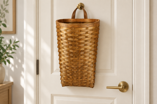 The empty basket makes its projecting shape and position above the handle easy to assess. Hanging hardware is a styling prop.