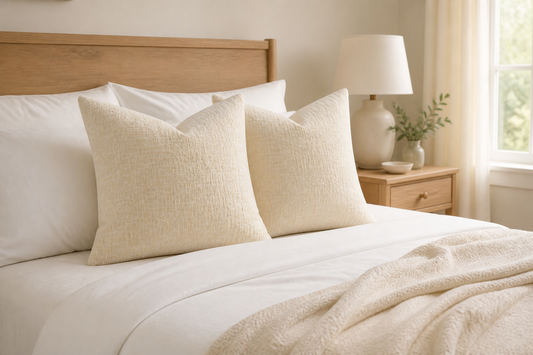 Two beige textured pillow covers styled on a simple light wood guest bed