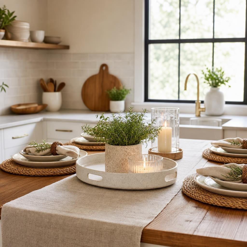 Kitchen counter and tablescape decor styled on a countertop