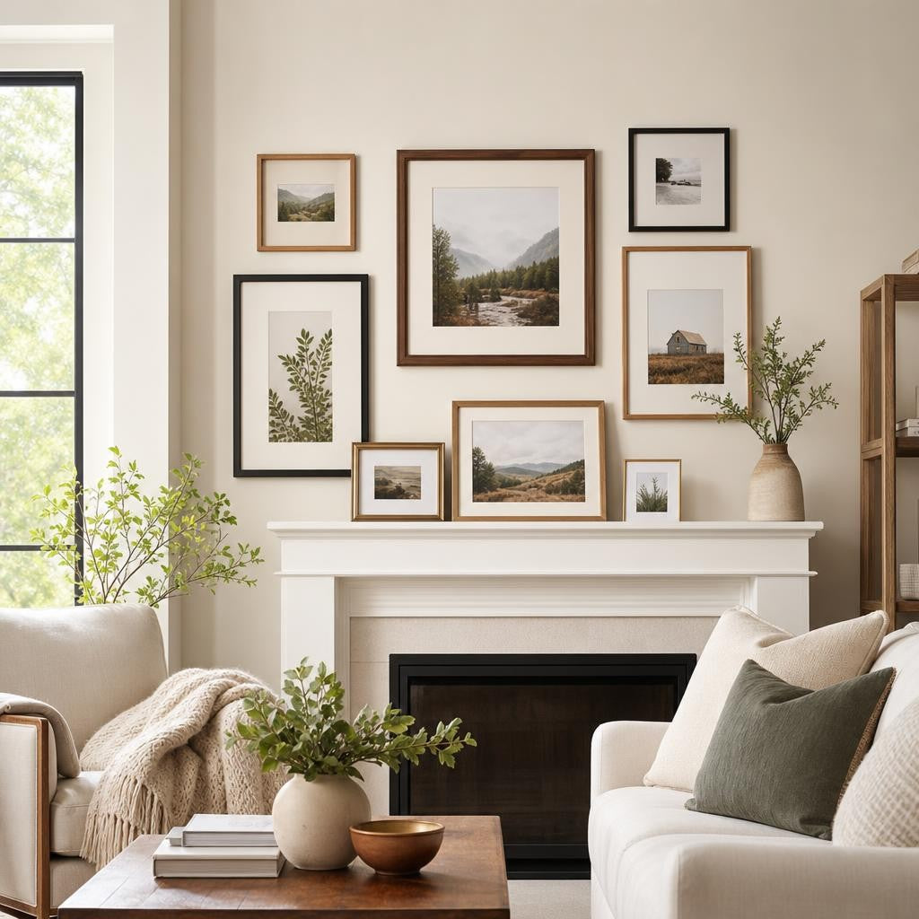 Assorted picture frames and display stands arranged on a mantel and tabletop in a cozy living room
