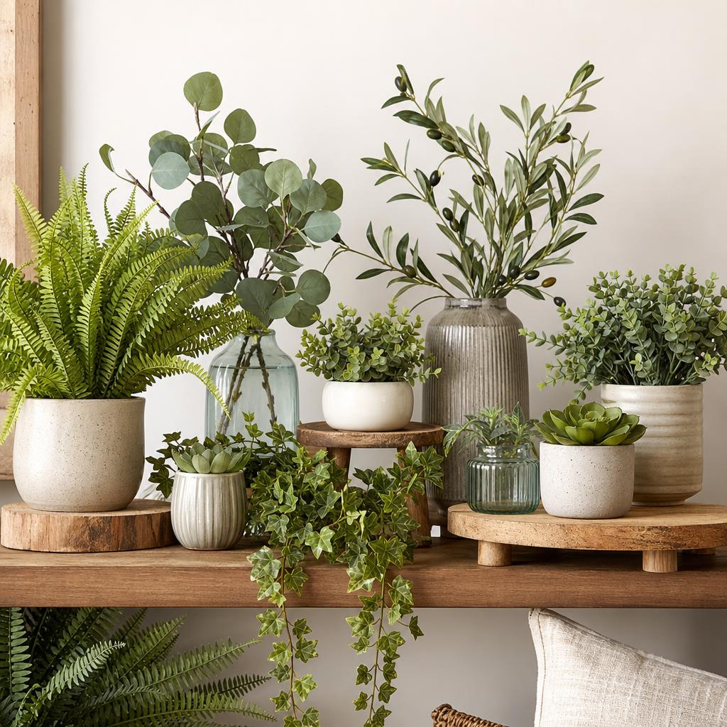 Assorted faux plants and greenery including pampas grass, eucalyptus, ceramic pots, wooden plant stands, and bead garlands