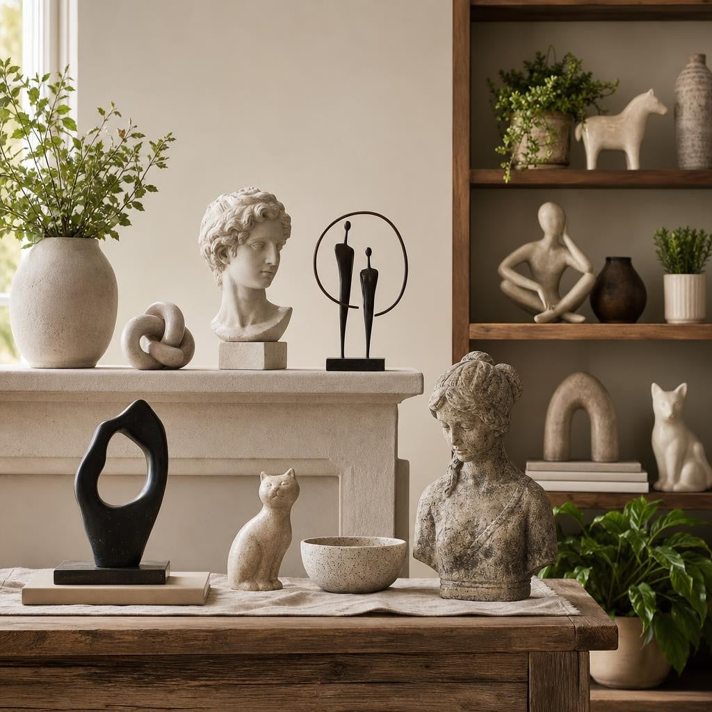 Assorted decorative sculptures and small statues including birds, mushrooms, abstract figures, and glass animals arranged on shelves.