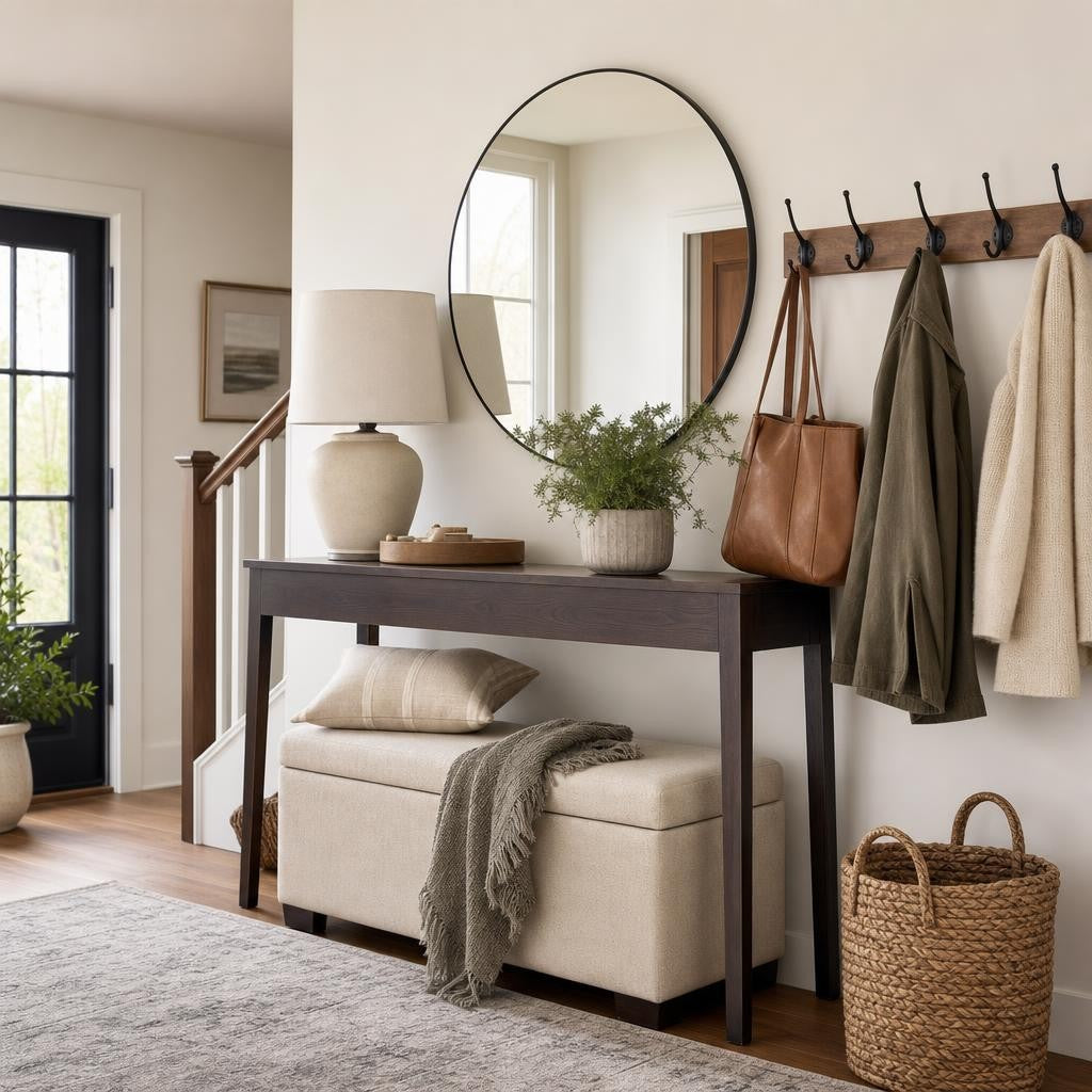 Entryway drop zone styled with trays, wood risers, decorative boxes, and a ceramic soap dish on a console table