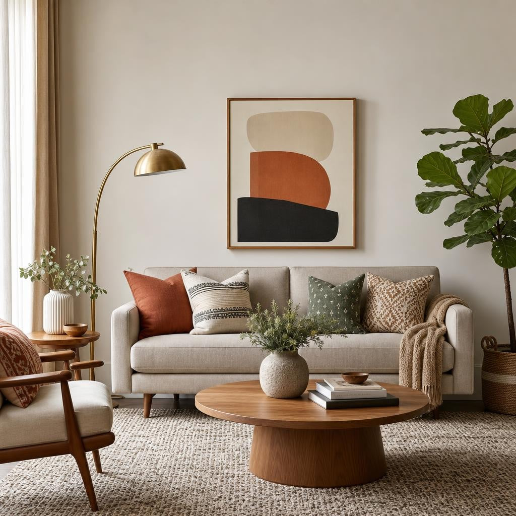Assortment of living room decor including pillows, vases, rattan baskets, trinket trays, and decorative bird statues