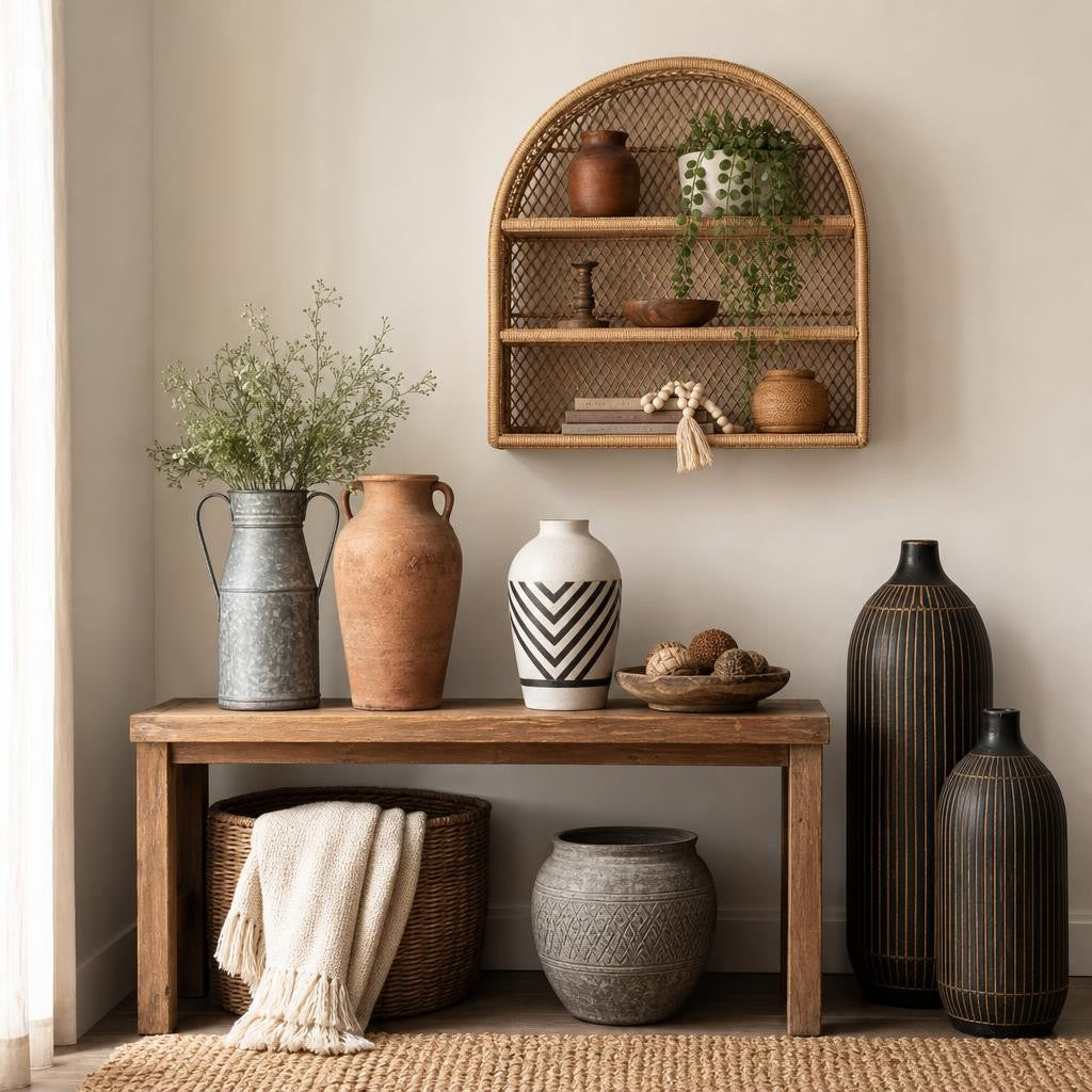 Assorted home decor vases and a rattan wall shelf styled on a console table