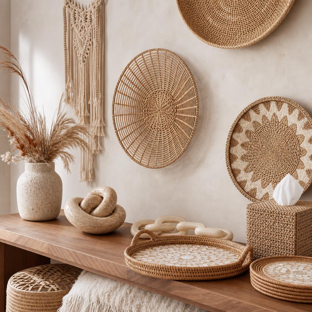 Boho textures collection with woven baskets, boucle pillows, rattan garland, and bamboo candle cups