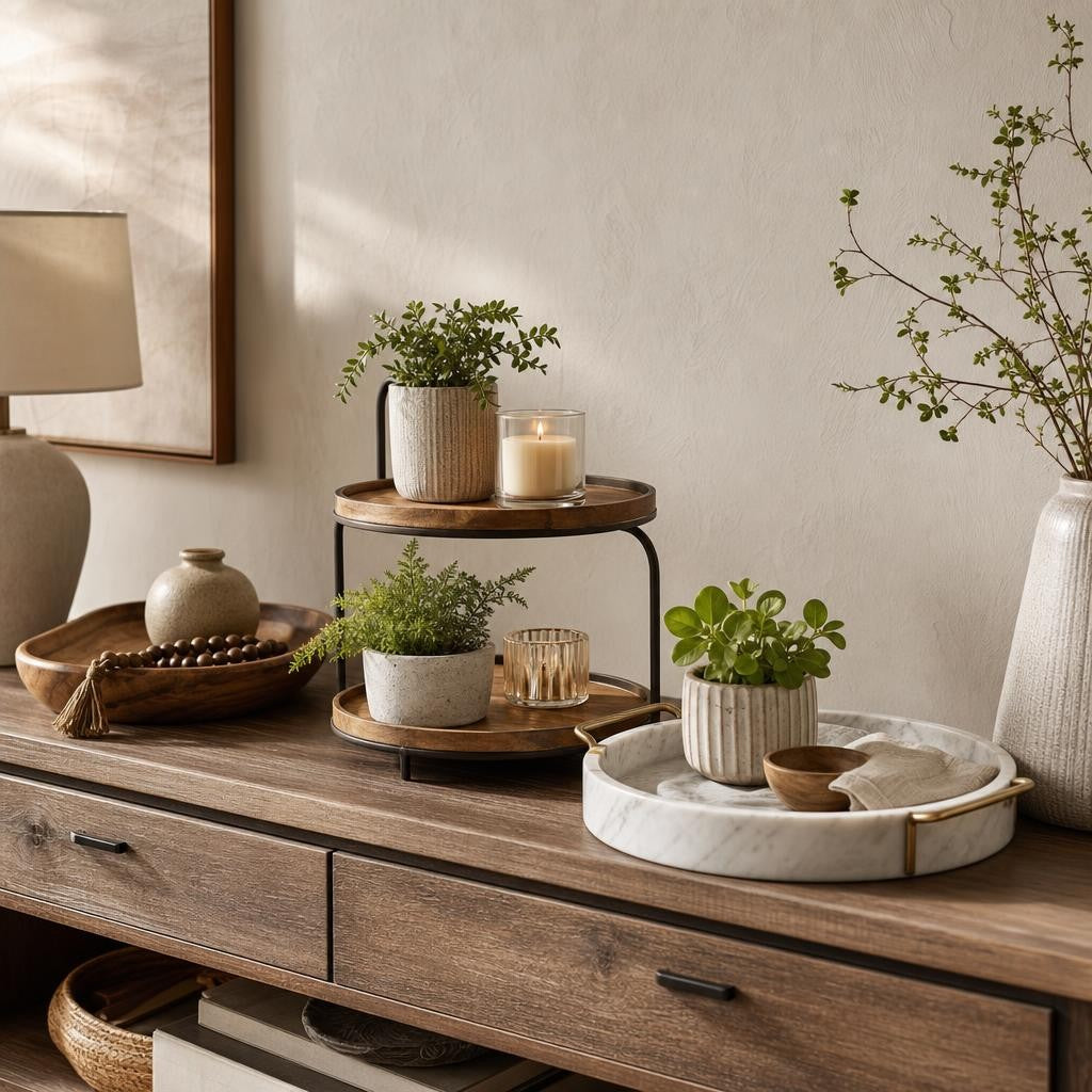 Assorted decorative trays and risers displayed on a vanity and countertop with jewelry and soap