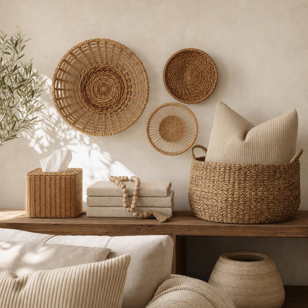 Assortment of woven baskets, rattan tissue cover, seagrass organizer and square coaster holder on wooden console