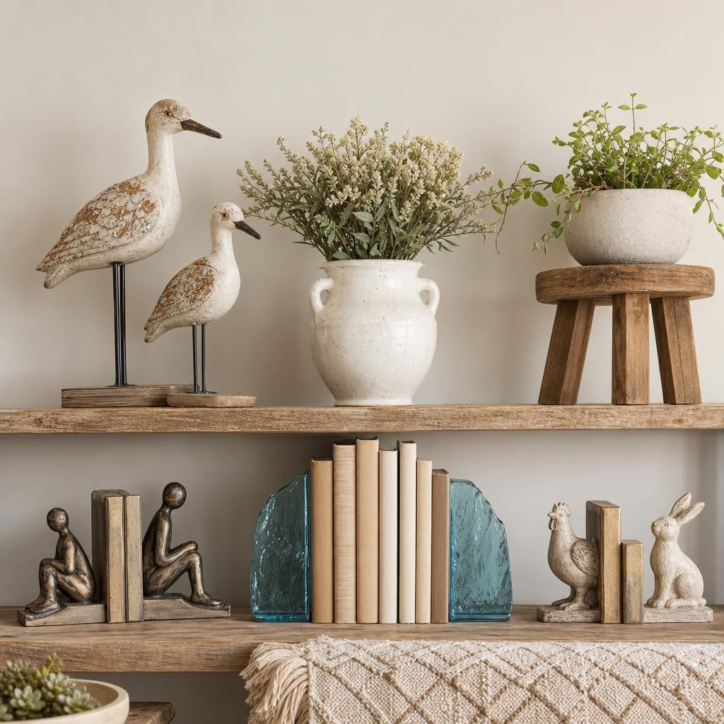 Styled shelf with bird statues, ceramic vases, wood stool plant stand, and assorted bookends
