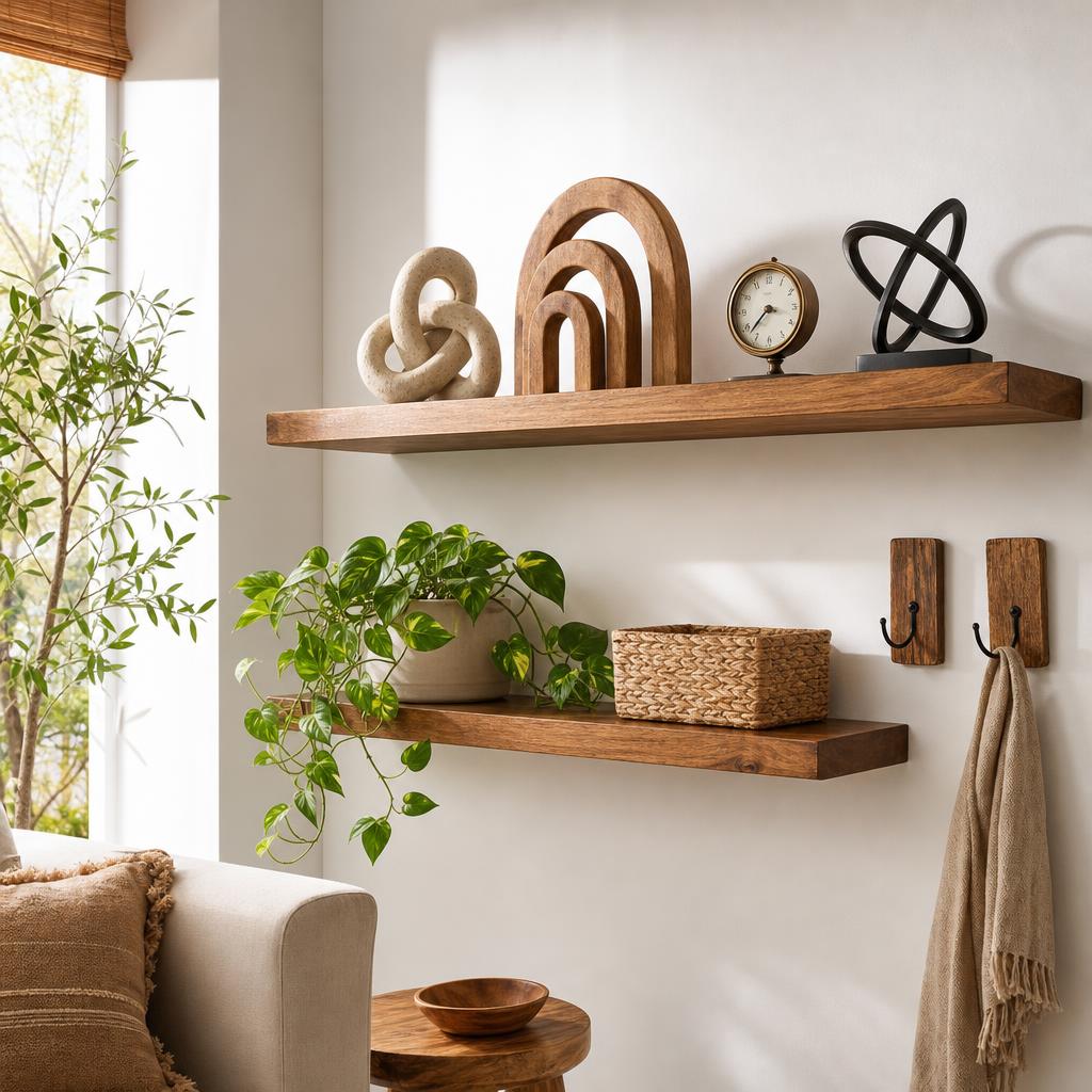 Assorted wall shelves, floating mushroom shelves, woven baskets, and boho wall mirror styled above a console table