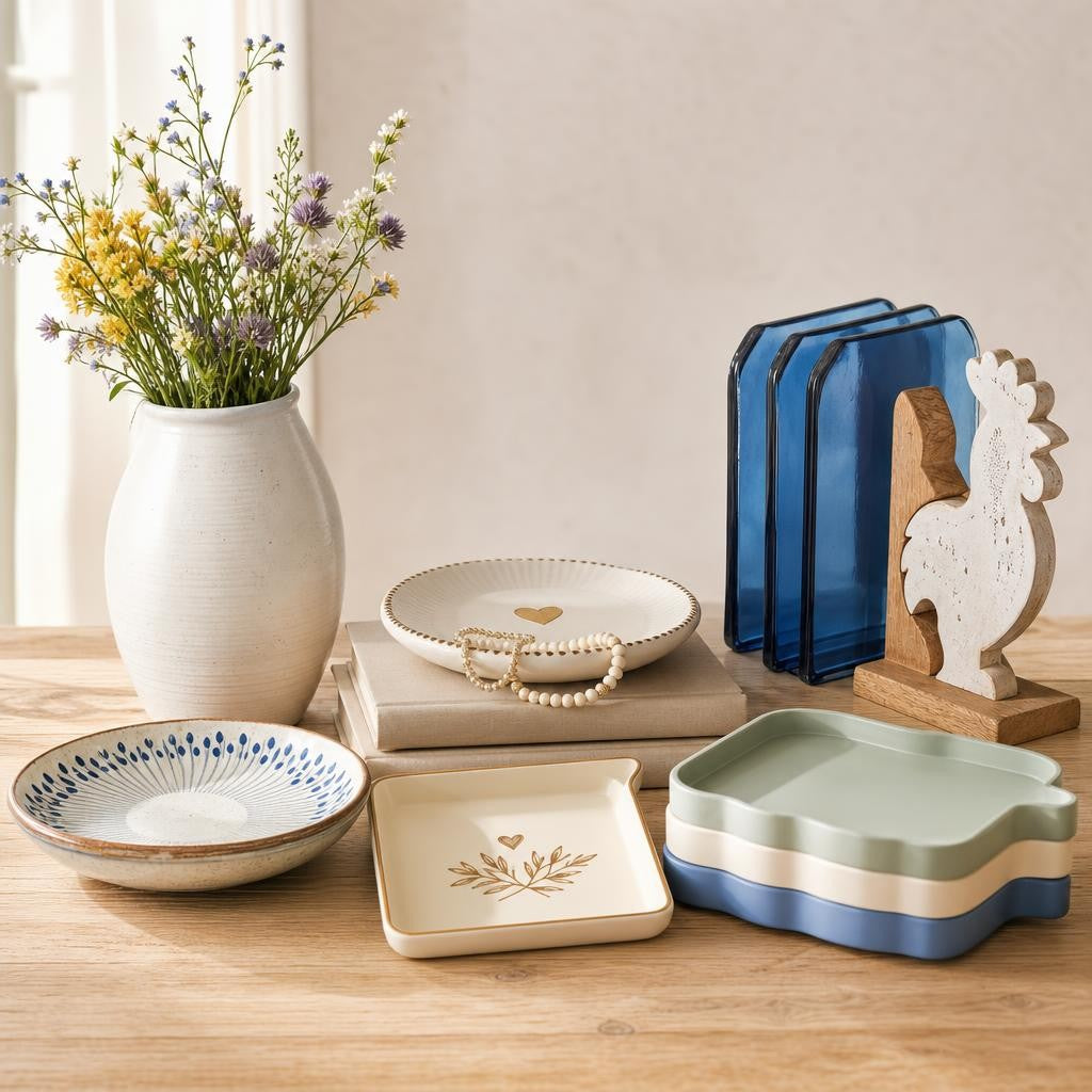 Assorted home decor gifts under $50 including vases, trinket trays, silicone trays and bookends