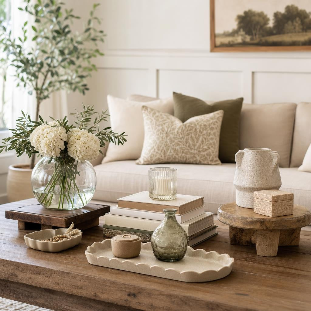 Styled coffee table with ceramic and glass vases, trinket trays, decorative boxes, and rustic risers