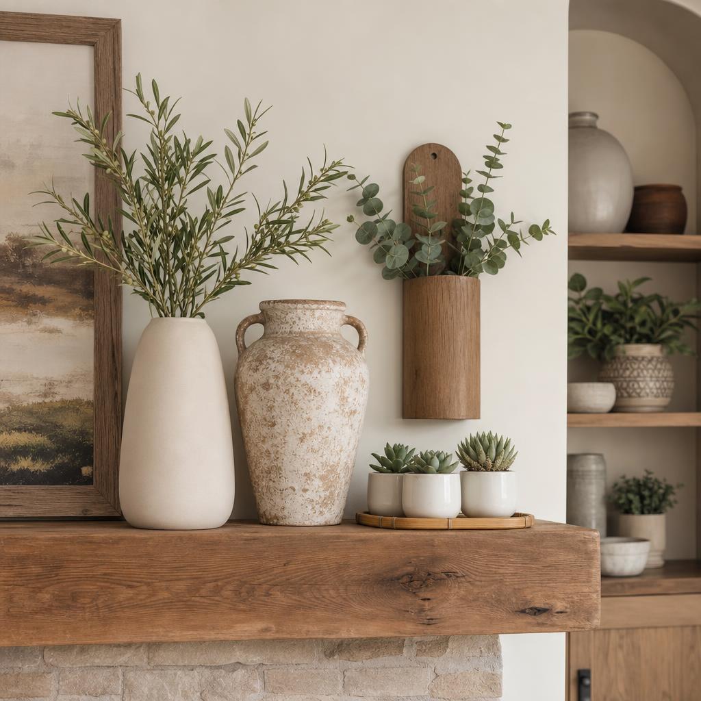 Assorted ceramic and glass vases, trays, and trinket dishes on a wooden shelf