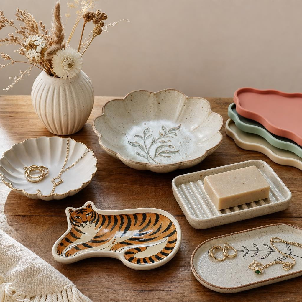 Assortment of small home decor gifts under $30 including jewelry dishes, decorative trays, ceramic vase and soap dish on a neutral surface.