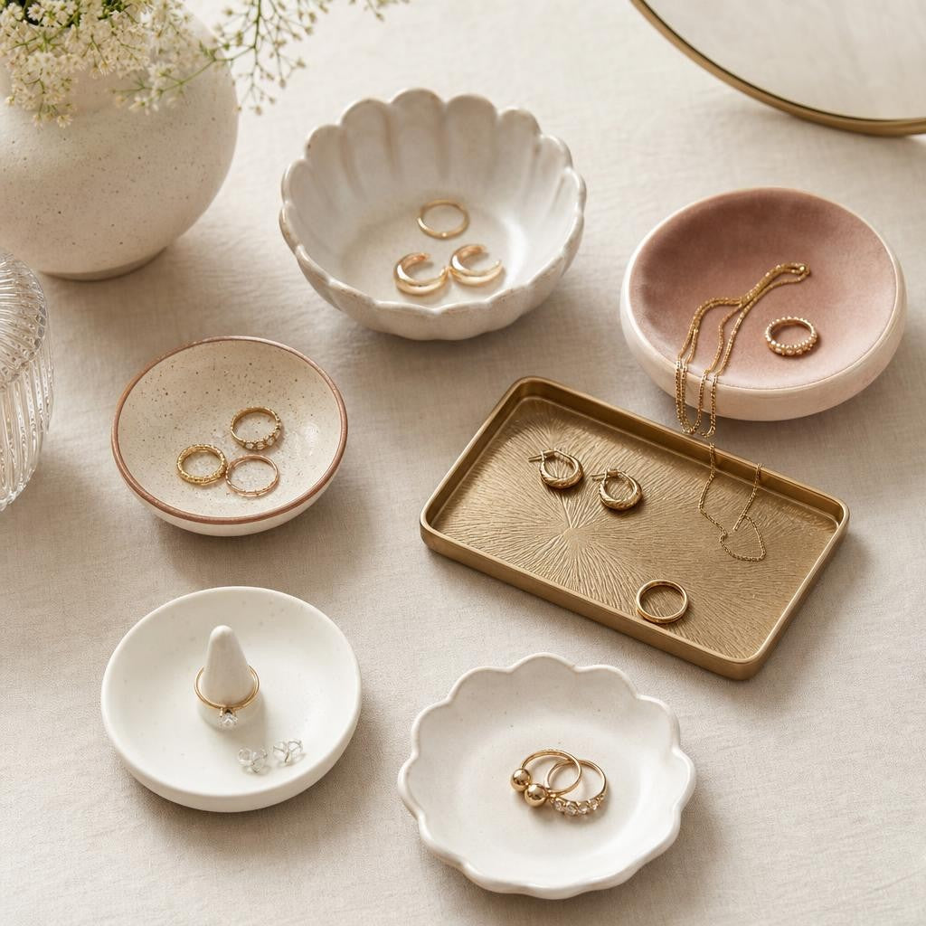 Assorted jewelry trays and ring dishes styled on a vanity